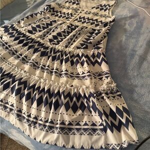 Blue & White Geometric Sleeveless Dress, Tiered Boho Summer Sundress